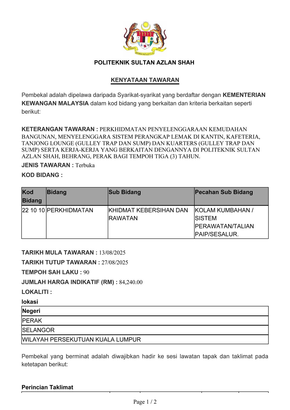 KENYATAAN TAWARAN SEBUT HARGA LEMAK 2025 Page 1