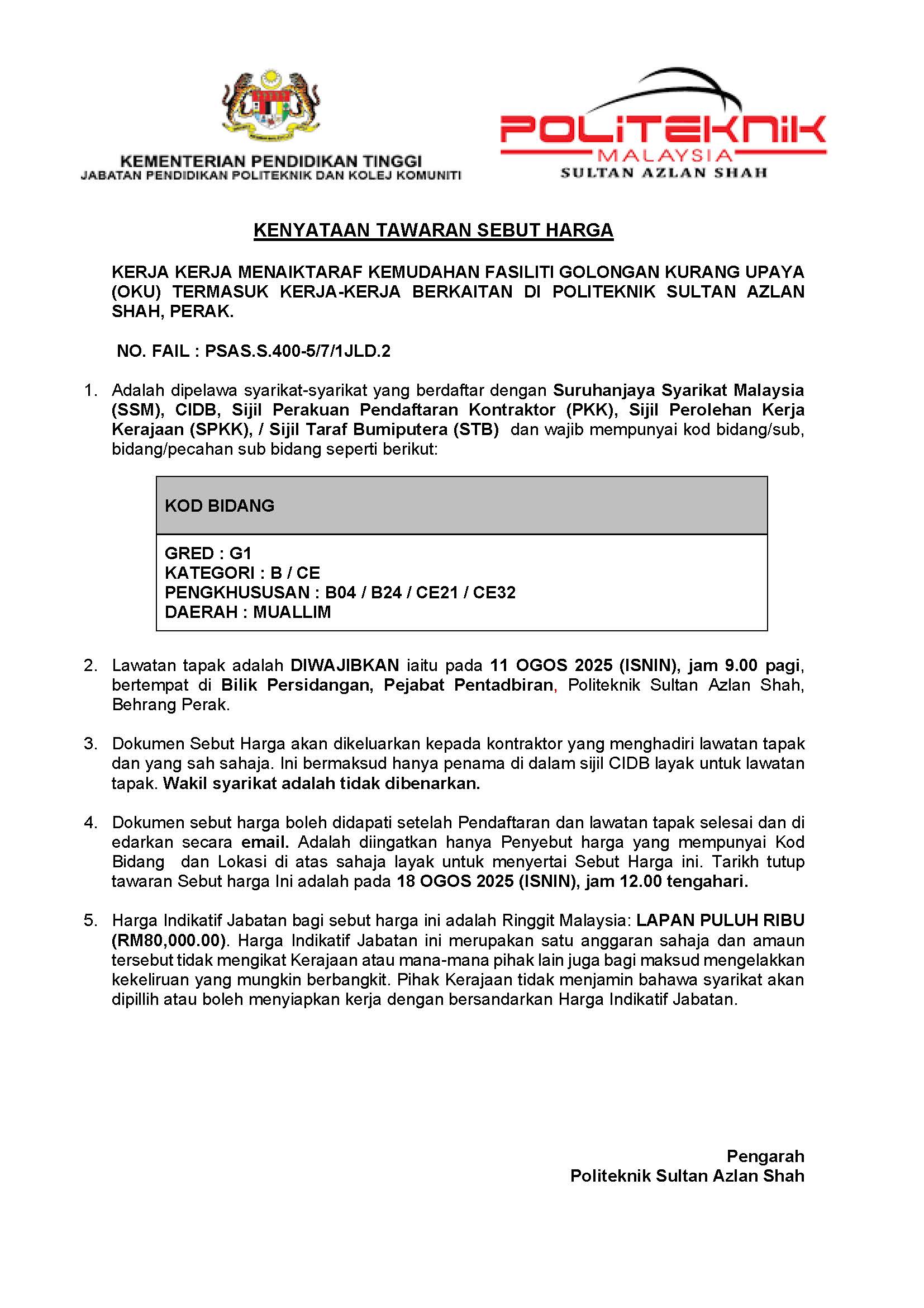 KENYATAAN TAWARAN SEBUT HARGA KERJA KEMUDAHAN OKU 1