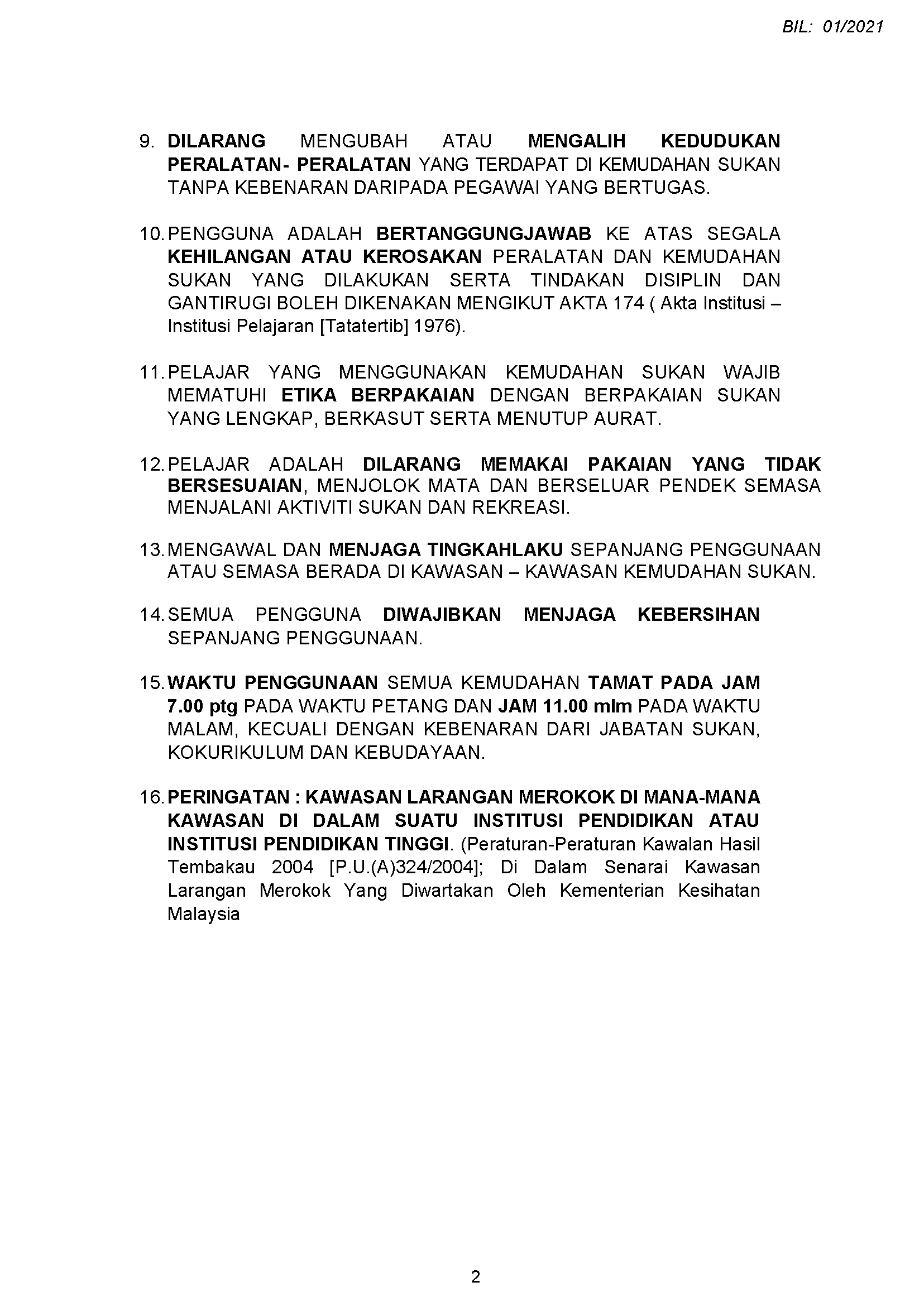 PERATURAN PENGGUNAAN KEMUDAHAN SUKAN Page 2
