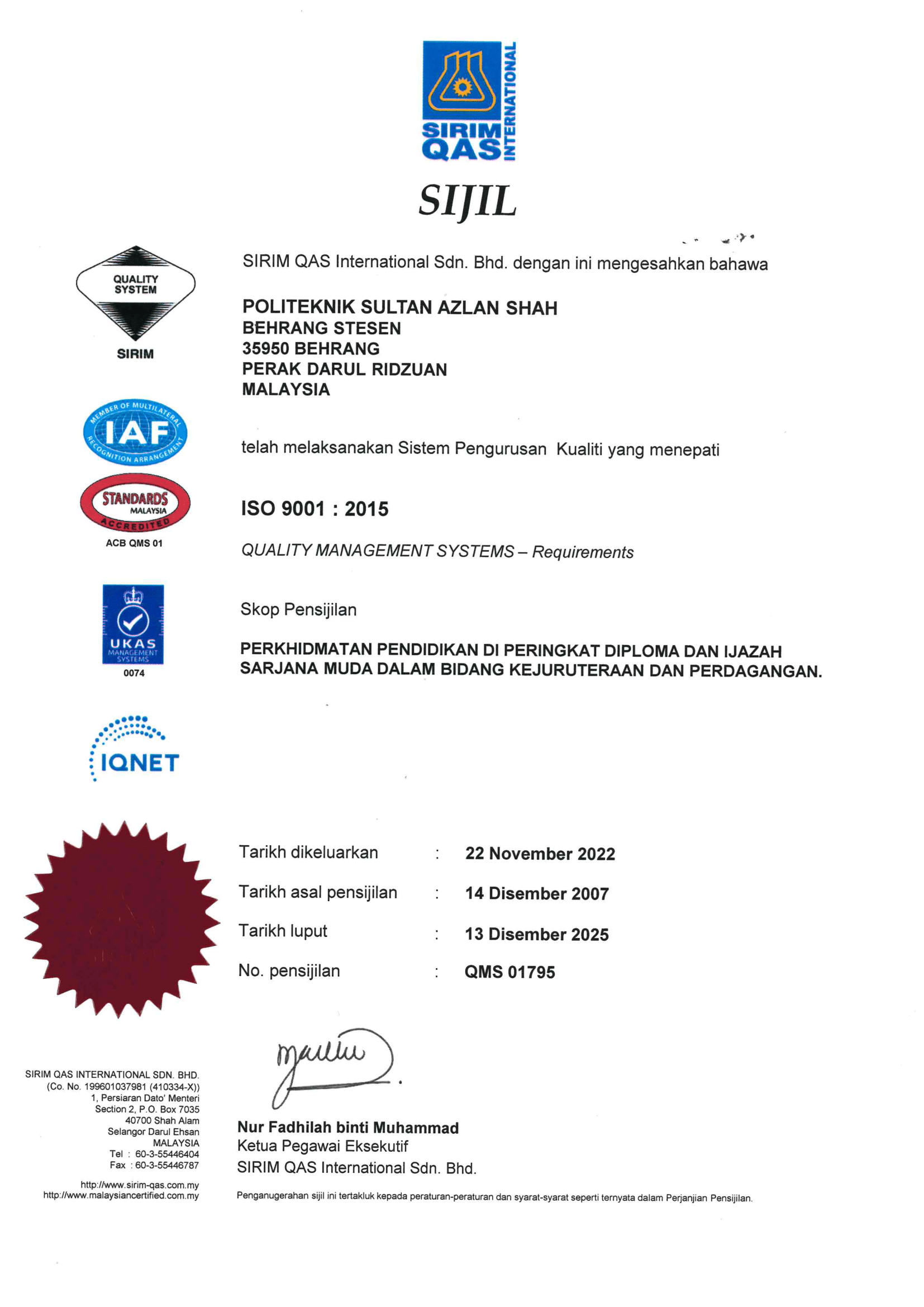 SIRIM Certification QMS01795 Exp13122025